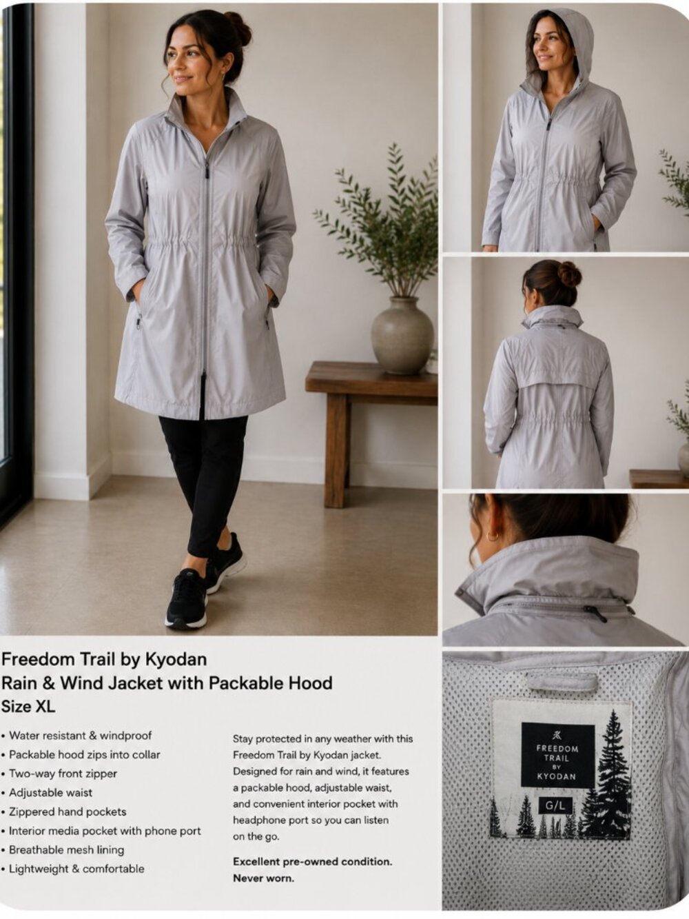 Freedom Trail by Kyodan Rain & Wind Jacket Packable Hood Gray Size XL (G/L)